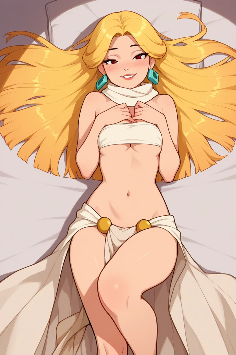 Sun angel woman, yellow eyes, Short yellow and orange hair, soft smile, Long golden crown on head, Big golden sun shape necklace around neck, Long white cape on back. full naked body exposed, Medium breast, nipples exposed, Vagina exposed