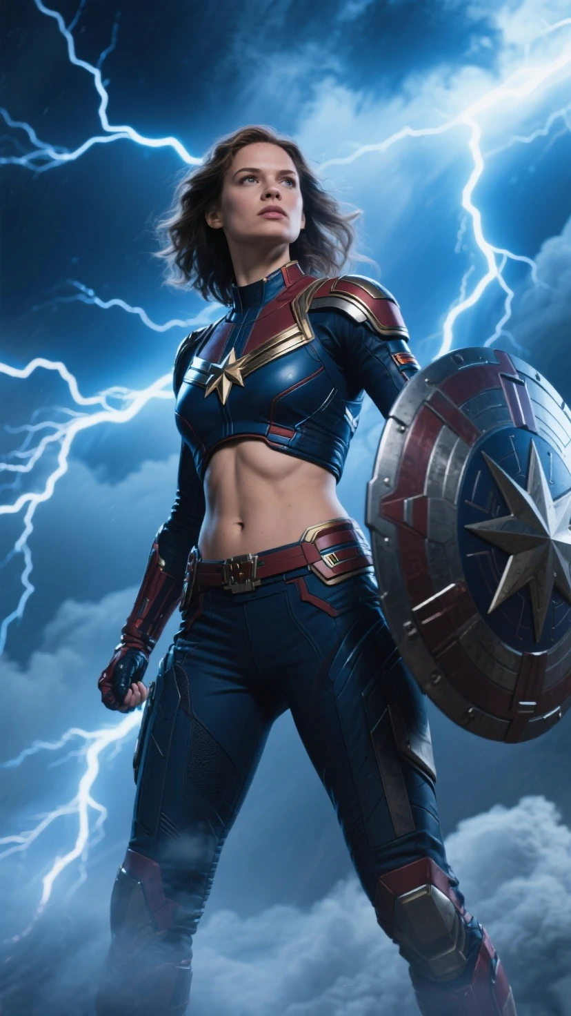 Captain Marvel is battered after a fight with her costume torn to reveal her breasts
