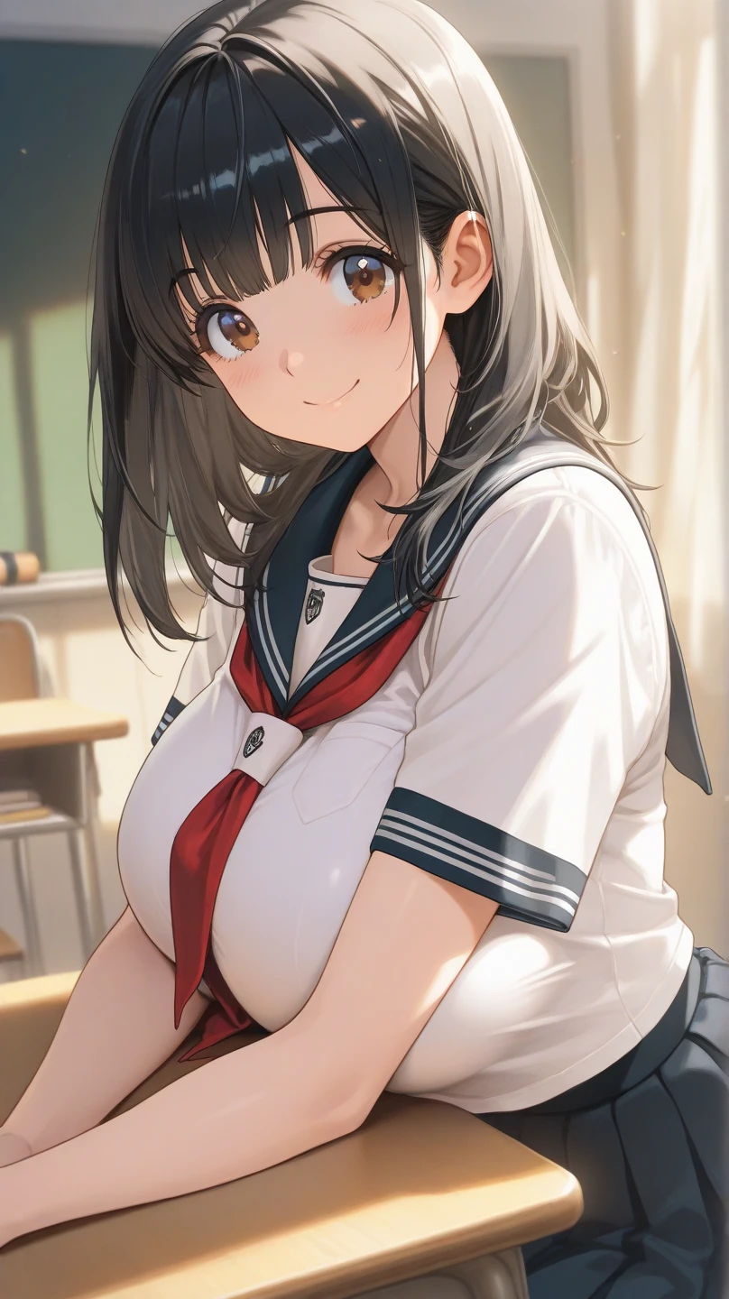 , pov, paizuri, 1girls,, 1boy, , , paizuri, penis between the breasts, school ID, , sweat, breasts, naughty, sweat, , , my lewd girlfriend gives me a titfuck in classroom, 5:30pm, dusk, we are alone in classroom, sunset, window, sweat,s, :p, her first time doing a titfuck in the classroom, chatting, pubic hair, penis, , penis, sailor uniform, smile, ^_^, she add a lube on her cleavage, comedy, clothed titfuck, button gap