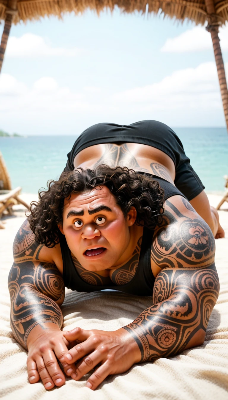 Strong, hairy, bearded mixed race man, smiling, with a shark head costume on his head, with navy blue underwear with “MOCANO” written in large capital letters on the elastic of the underwear, with a curious dress watching.