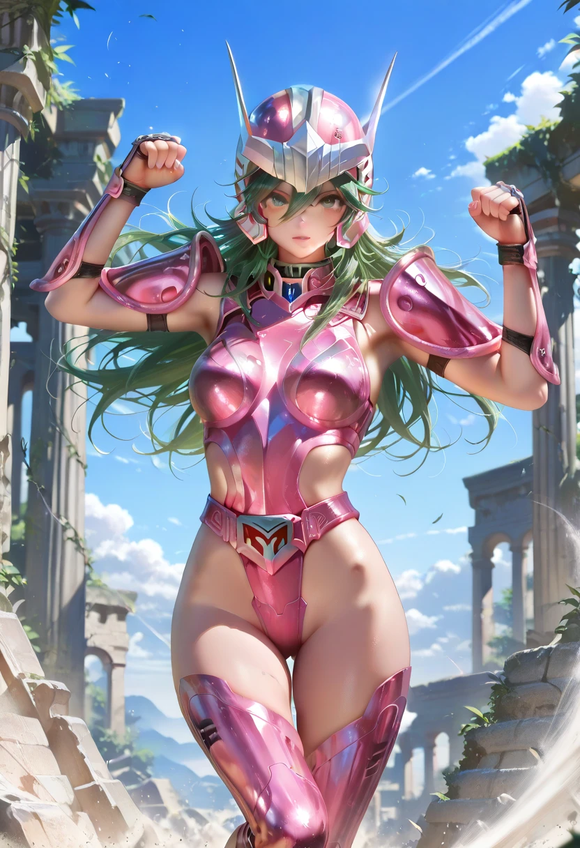 Pose sensual, foto corpo inteiro, At the Coliseum in Greece, ultra realistic, in Greece, rosto detalhado, olhos detalhados, nariz detalhado, boca detalhado, Saint Seiya, Menina bonita, boneca koreana, athletic body, huge breasts, clivagem da mama, pernas torneadas, coxas grossas torneadas, He wears metallic pink shiny futuristic combat bikini armor, green hair, Shiny silver chains are connected on all sides, An unbelievable number of shiny chains, Armadura com correntes, 8k, qualidade superior, beleza dos pelos pubianos, high resolution, very high resolution, 1080P, 4k, 8k, 16k, muito detalhado, realista, 8k, Cinema 4D, Arte extremamente detalhado, [ Arte Digital 4K ]