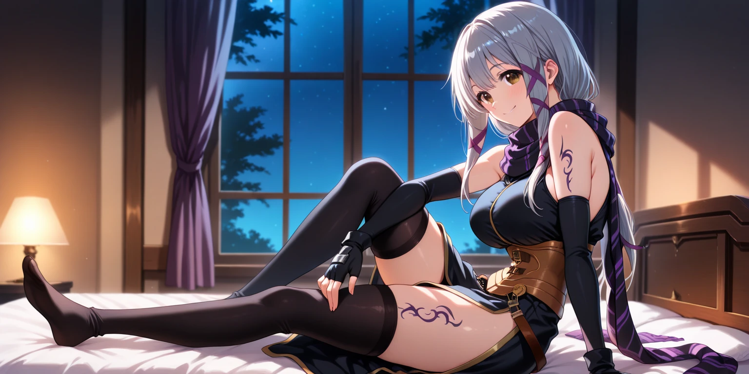 1girl, silver hair, blonde eyes, center character, ((background main)), (seductive thighs, sexy, lying on ground, spread legs, ), midnight, beautiful stars, sandy beach, girl looking sky, sheer kimono, full star night, (((anime style, ultra quality, top quality)))