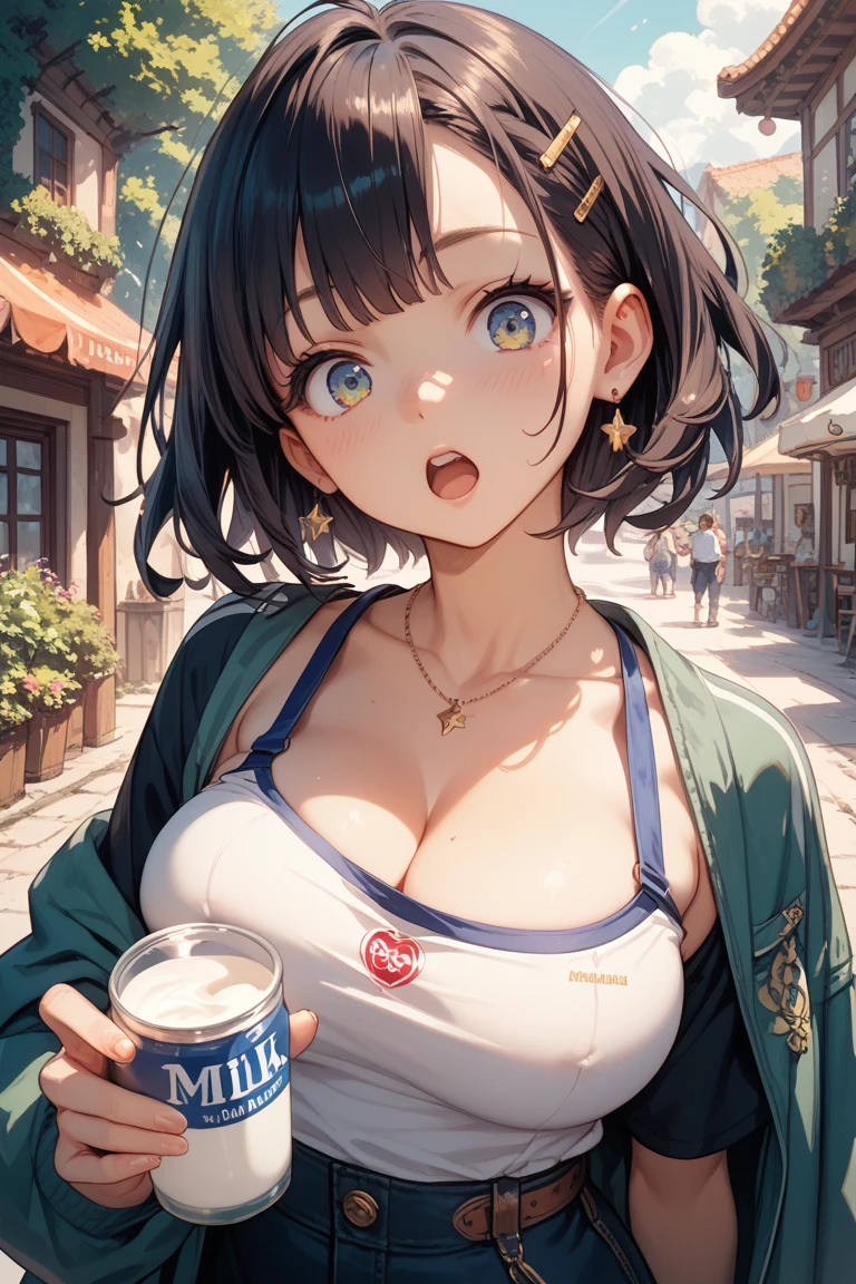 highest quality、Natural Lip、Fair skin、Great light、Beautiful lighting、((Brown Hair))、Off the shoulder、Big cleavage、White crop top、mini skirt、Gorgeous Accessories、Harajuku、smile、かわいいsmile、Crowds in the city