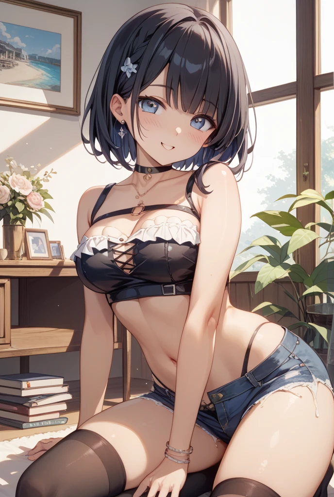 best quality, highres,Slender、blue eyes、tall、brown hair、shortcut,straight hair、School、classroom、black skirt、22 years old、(black bra:1.5)、(nipple:1.3)