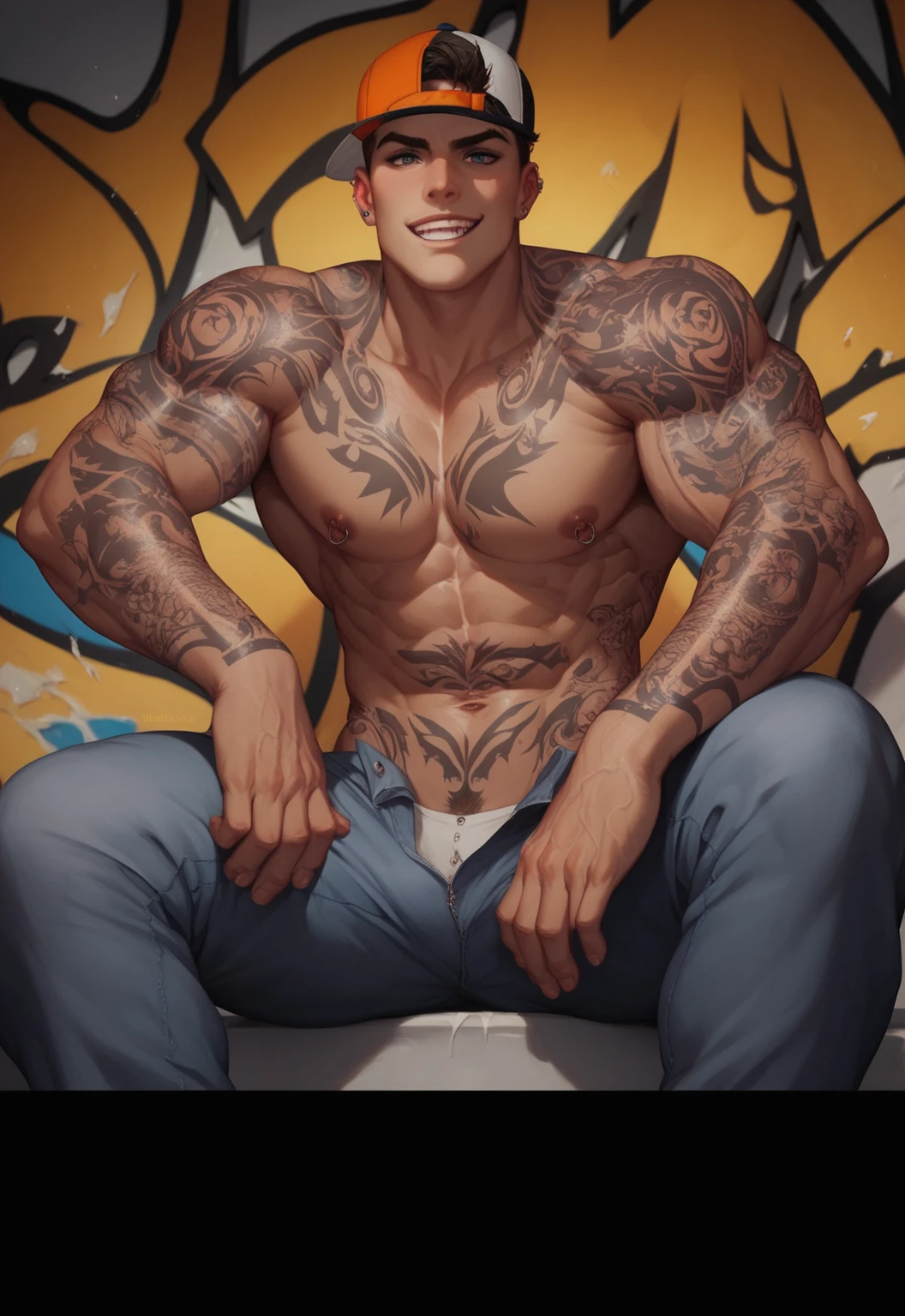 Masterpiece, best quality, an Artho Becker 22 years, (detailed eyes) (fleshy lips) beautiful, seductive smile, bad boy, (detailed face) seductive, (naked from the waist up), hands in pockets, perfect anatomy, in a dark and elegant room (tattoo 1994) 8k