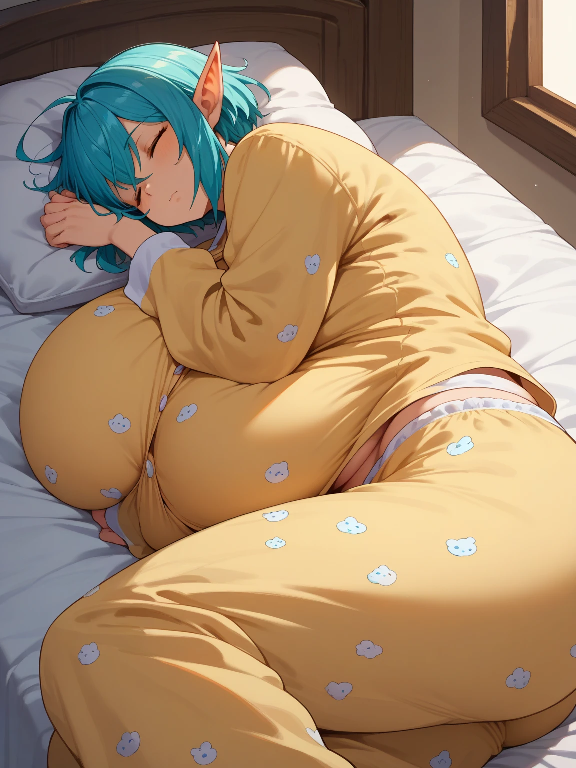 Boy,cute boy,Big belly,blue hair,yellow eyes,sleep, sleeping in bed, night, baby, hugging baby