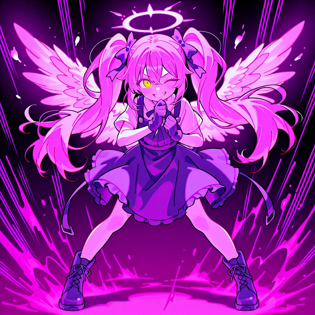 score_9, score_8_up, score_7_up, score_6_up, score_5_up, score_4_up, source_anime, 1girl, pink hair, braids, white eyes, w-w-chain ,shackles, spread arms, clean hair, purple shirt,leather skirt, thigh high boots, brown boots,heels night, dungeon, best quality, best res, 4K UHD,
 