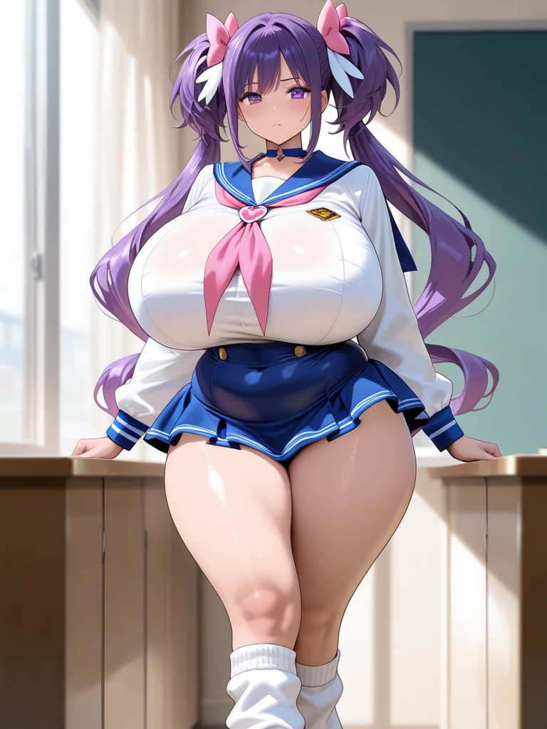 One Girl,Five Fingers、{Knee-high socks}、(((Wide Hips)))、 (((Thick thighs)))、((Big Ass))、(Big Breasts) Embarrassed look,Short Stack、whole body、Sexy pose,jewelry、Earrings、Blue Skirt、Crop top、Holding、Absolute area、Pleated skirt