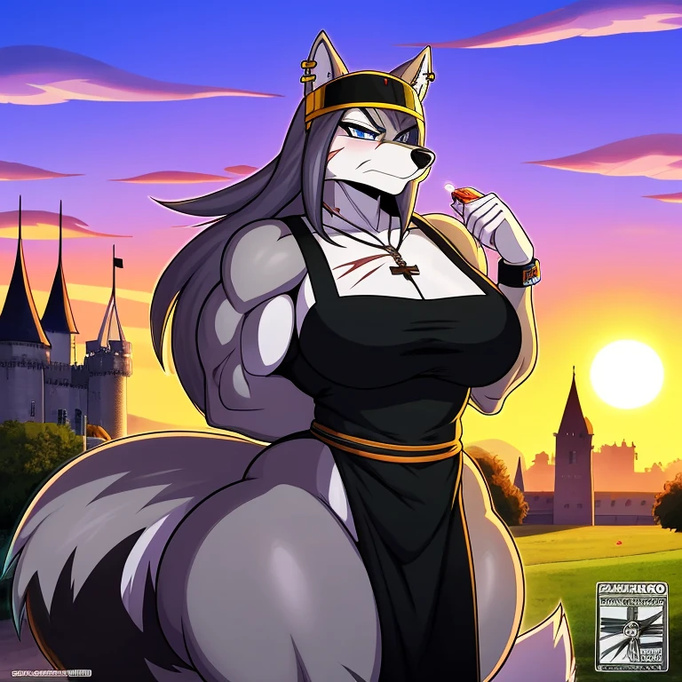 (8k, RAW photo, best quality, masterpiece:1.2), (realistic, photo-realistic:1.37), ultra-detailed, ultra high res, by Cutesexyrobutts, mature female anthro wolf, MILF, looking at viewer, seductive smile, ((wearing crown on head)), queen, beautiful detailed eyes, (floating hair), detailed clothes, regal dress, detailed fur, voluptuous, hourglass figure, cinematic lighting, professional lighting