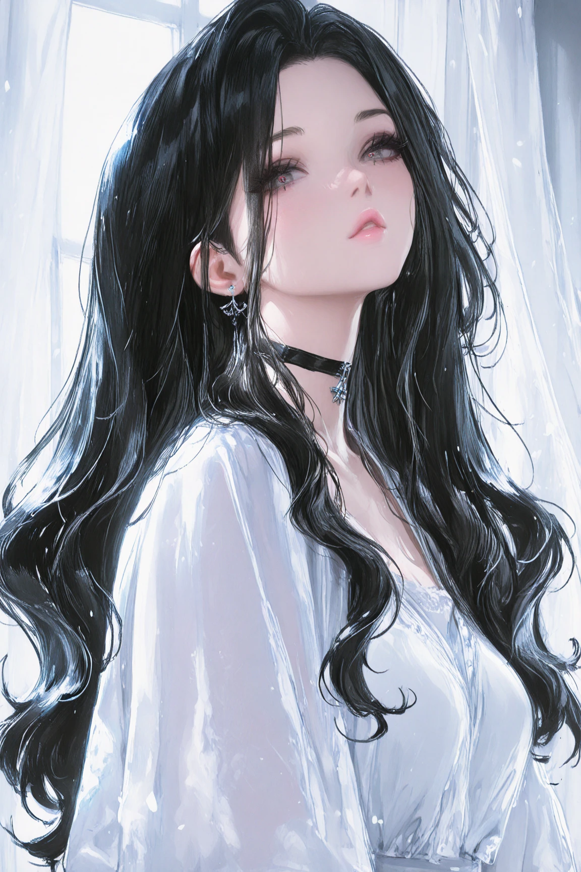 masterpiece, best quality, amazing quality, very awa, absurdres, newest, very aesthetic, 1girl, solo, long_hair, black_hair, choker, looking_at_viewer, black_choker, lips, curtains, wavy_hair, zuruota, sakimichan:0.5, 