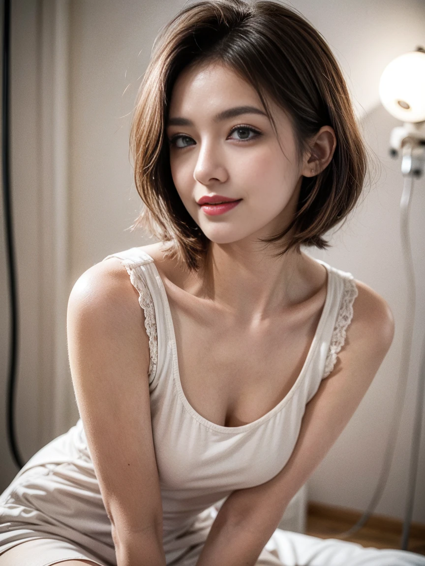 ((top-quality、8K、masterpiece: 1.erfect Body Beauty: 1.4、Slender Abs: 1.2、Beautiful woman with slender abs:1.3、(Highlight Haircutreast B Cup:1.2), medium breast, round shape breast, perfect shape breast, ( portrait photography, studio light, ), necklace, headphone, hyperdetailed face、18year old、 Pretty women、(Dark brown short-cut hair), Slim Face、Highly detailed facial and skin texture、very detailed lips、opens legs、top-quality、masterpiece、超A high resolution、(Photorealsitic:1.4), walked forward confidently, long shot , solid color background