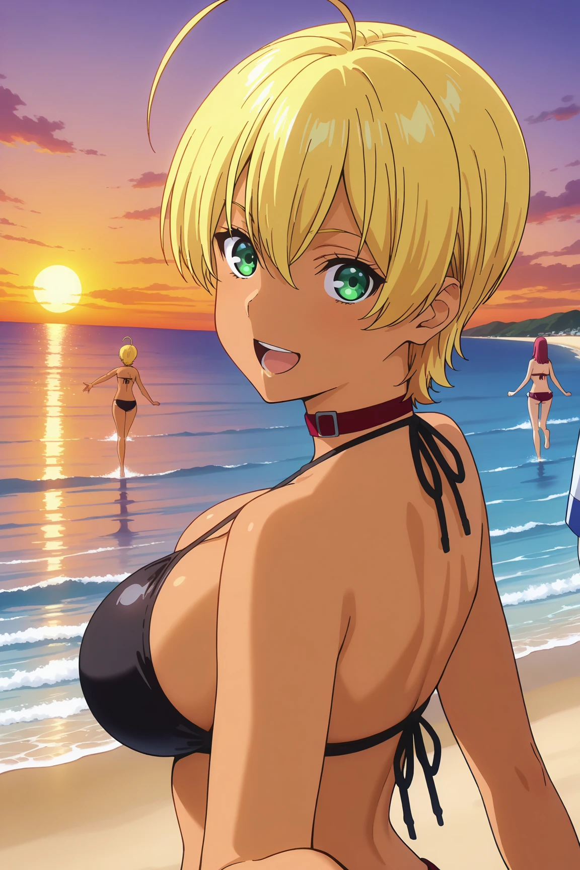 1girl, alone,Tenka izumo,masterpiece, best quality, absurdres, perfect anatomy, bikini, cleavage, standing, arms behind back, leaning forward, smile, outdoors, beach scene, big breasts, medium waist, wide hips, medium thighs, short hair, blonde hair, blue eyes,looking at viewer, head on,pov(from below),(cowboy shot:1.5), perfect hands, perfect anatomy