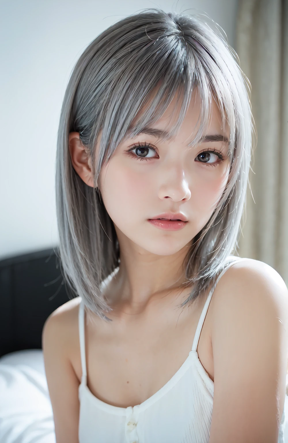 1 Japanese girl, (Realistic: 1.4), excited、Great face,Glossy lips、30 years old, Silver Hair、Silver Hair、short hair, 黒Hair、(Beautiful Hair:1.5), mini skirt、Beautiful legs、Lie down on the bed、Staring、Angle from the front, Smooth, Highly detailed CG composite 8K wallpaper, High resolution RAW color photos, Professional photography, Light, BackLight, dream-like, impressive, Written boundary depth, (Face close-up:1.5)
Cute summer clothes that accentuate the chest
Full body photography
Big chest, Character portrait, Overlooking, Anatomically correct, Textured skin, accurate, chest, Big chest, Big chest,