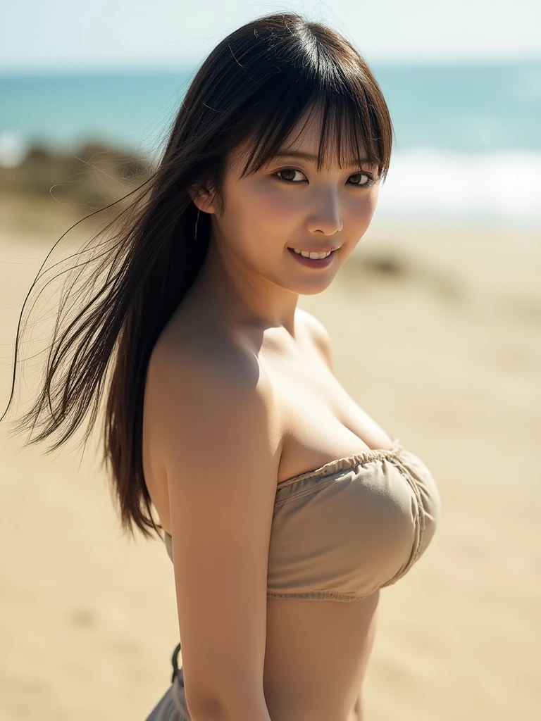 ((masutepiece)), ((Best Quality)), (Ultra-detailed), ((kawaii)), Cute, (lovely), ((Sexy)), ((Extremely detailed)), 4K, (8K), Best Quality, (Beautiful), Realistic, Real, In the Middle, Beach, a cute Japanese girl, age19, Solo, (wedding dress:1.2), Casual dress, Perfect female body, Beautiful light brown hair, ((Beautiful eyes)), Short hair, Bun hair, loli face and big boobs, lightsmile, woman posing for a photo, (From the hem of the rolled up skirt to the crotch), skirtlift, stocklings
