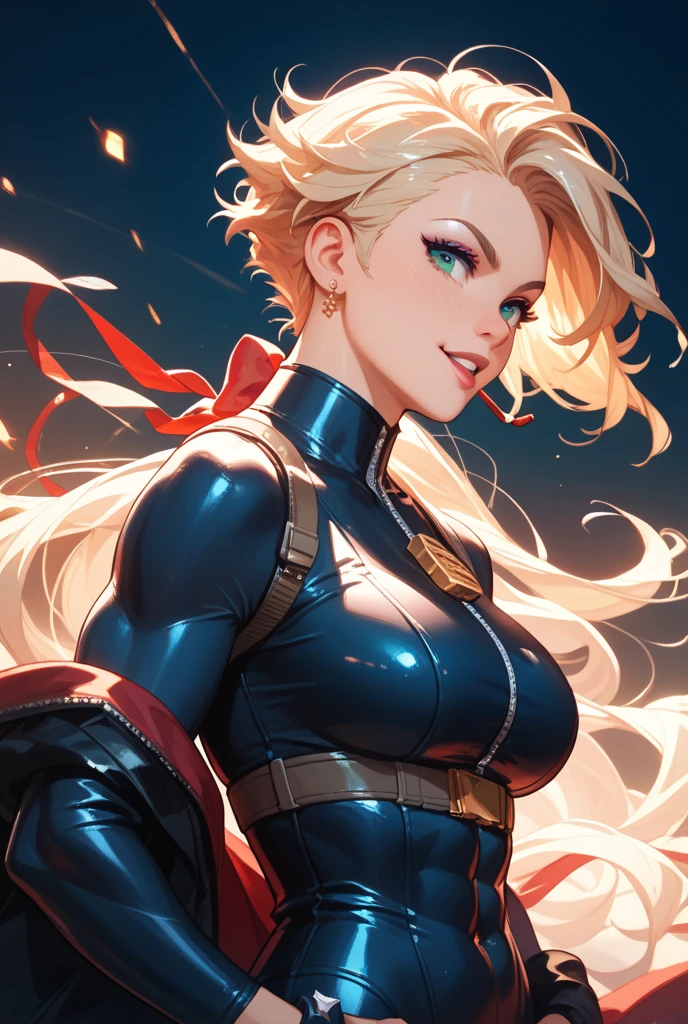 Cathleen Bate, blonde hair, blunt bangs, makeup, green eyes, soft smile, upper body, solo, fit toned body, wide curvy hips, big ass, blackwidow outfit from marvel universe, fingerless gloves, striped sports bra, red spandex shorts, big chain necklace, biker shorts, (insanely detailed, beautiful detailed face, masterpiece, best quality), front view,