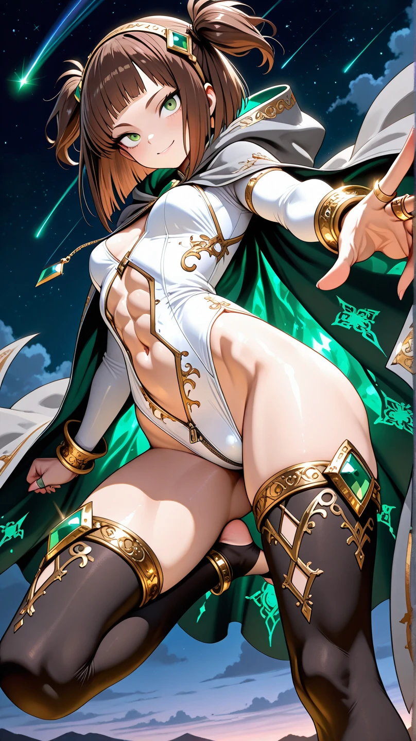 Under the legend,Chara,girl,sexy for,Crop tops,hot pant,stocklings,Full body standing painting,tempting pose,with short brown hair,Be red in the face,Mannequin,Lust,Hand repair,the detail,X-rated,Sex clothes,green color,k hd, camel toe,
