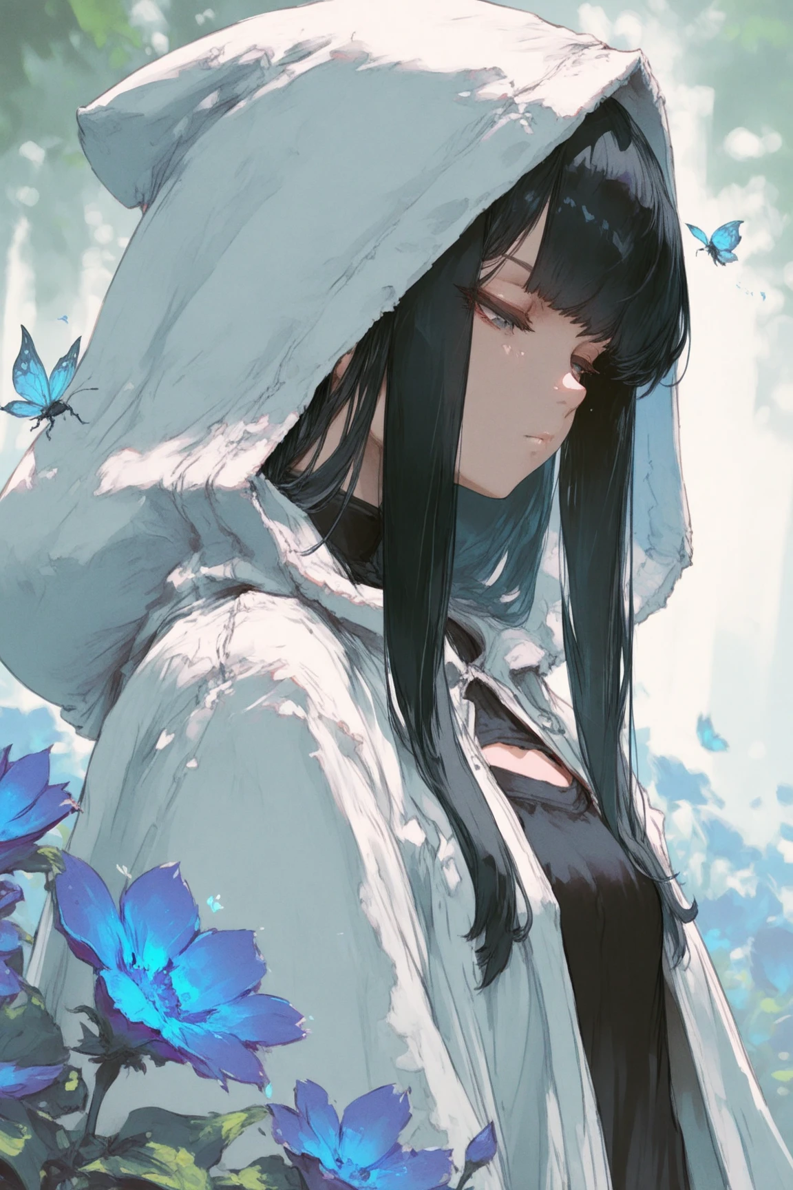 masterpiece, best quality, amazing quality, very awa, absurdres, newest, very aesthetic, 1girl, solo, long_hair, black_hair, choker, looking_at_viewer, black_choker, lips, curtains, wavy_hair, zuruota, sakimichan:0.5, 