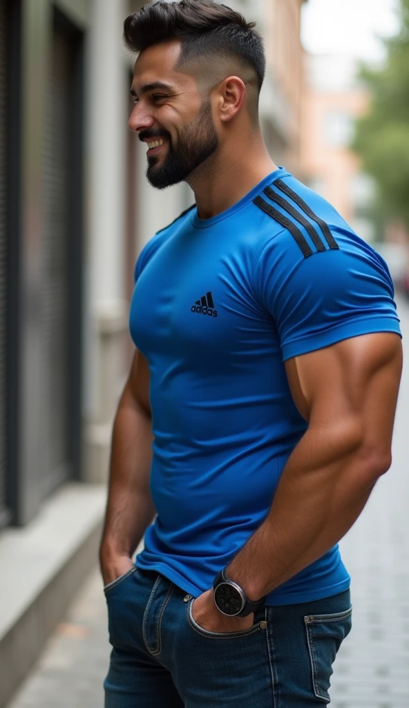 A handsome, muscular young man with big muscles, short black hair, an color navy blue Adidas t-shirt, color navy blue shorts