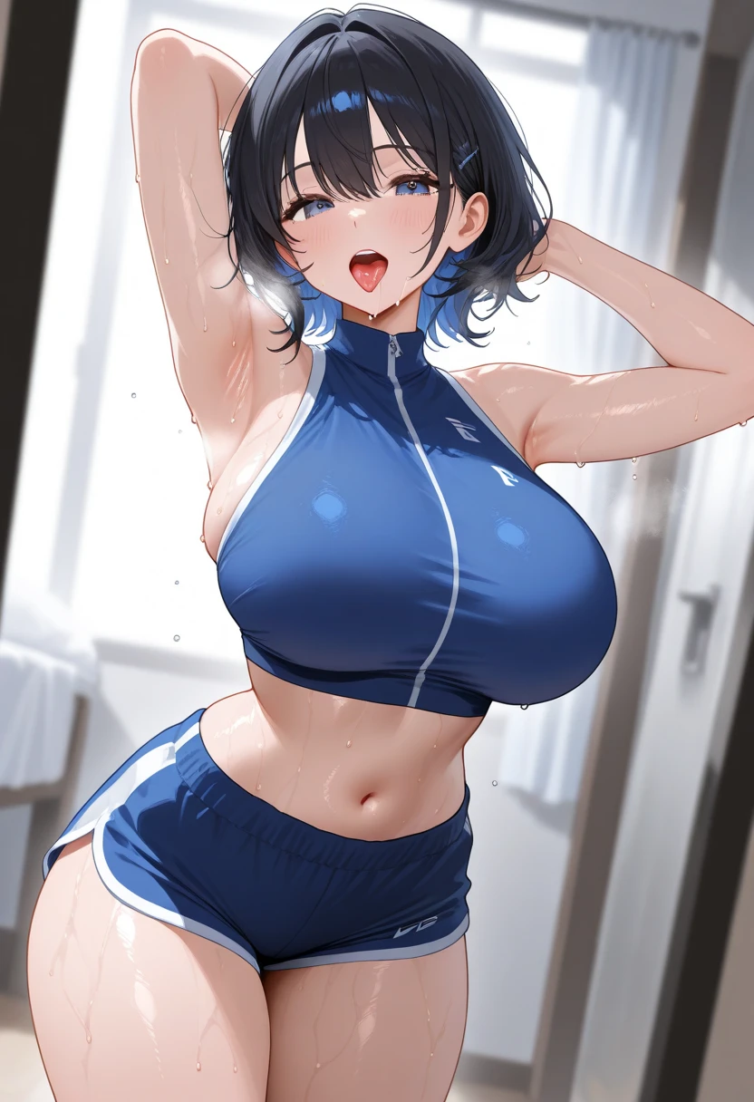 Ultra-detailed illustrations、Ultra-precise expression、masterpiece、Highest quality、ultra High resolution、High resolution、Hiromitsu Takeda Style、White background、Simple Background、Young、One girl、10th Generation、solo、Black Hair、Drooping eyes、Short Hair、Grey Eyes、Big Breasts、White Breath、Sweat、School Swimsuit、cowboy shot、covering chest by hand、