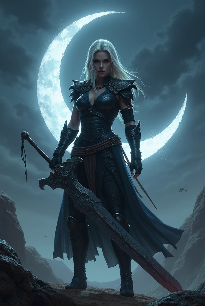 Beautiful young woman with silver hair looking down, wearing sleeveless brown leather shirt, and brown leather pants, and black boots without high heels, fantasy outfit, princess maiden, art by Greg Rutkowski, full body, detailed digital painting, concept -art, low camera angle, deep shadows, dark (transparent) (moonlight: 1.3), detailed, stunning, fine details, extremely detailed eyes and face, piercing gaze, perfect body, perfect center, rich colors, ultra-realistic texture , spectacular, bright, (face transparency: 1.5), anatomical masterpiece, dawn, model style, trending on ArtStation, trending on CGSociety, Intricate, high detail, sharp focus, dramatic painting