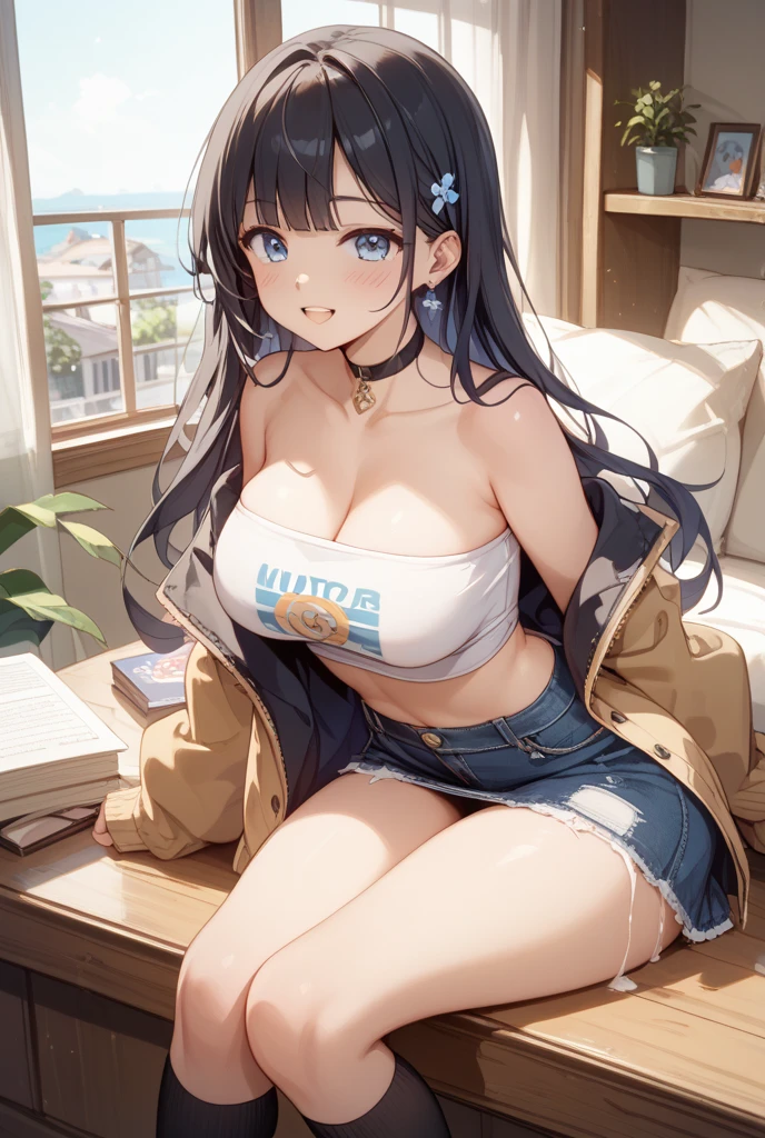 (A superb exquisite Chitanda Eru), (mature face), intricate details, (finely detailed beautiful eyes: 1.2), purple eyes, long black hair, natural straight hair, straight bangs, solo, [Small_breasts: large_breasts: 0.5], extremely delicate, peerless beautiful girl, dreamy quality, solid color, bright lips, slender waist, straight curves, soft lights and shadows, super fine, 8K HD, (masterpiece:1.4), (((timid smile, holding magazine, reading a magazine, white background, looking at viewer, casual clothes, fashion pose)))