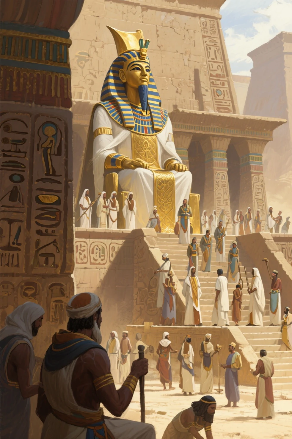  bible story, Pharaoh's court, pharaoh sitting on his throne, big hall. 
 (masterpiece best quality:1.2) delicate illustration ultra-detailed, illustrations, bright, colourful, 