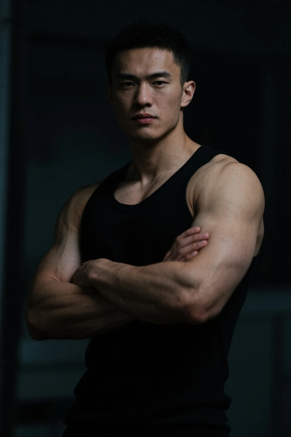 Afraid asain guy, white skin. Muscler, shirtless, beautiful body, wide shoulder, sitting on the floor, realistic, uper camera angle, pants, black cloth background, wooden floor, hyper detailed , detailed realistic body
Black eyes. Siting with hands wide open, hands is behind the body , weight is on the hands. Legs wide open.