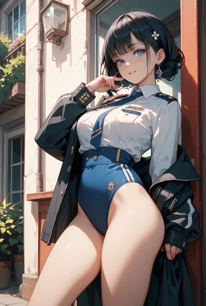 (masterpiece,Highest quality:1.3,best quality illustration,realistic),cowboy shot,1woman,20 year old Japanese beauty,((very small head:1.3)),brown short bob hair,bangs,brown eyes,gorgeous eyes,blush,smile,small breasts,((very long body:1.3)),((toned body,slender body,skinny,tan skin)),(navy uniform、Dark blue blazer jacket、White Shirt、Navy blue tie、Navy blue tight skirt),gleaming skin,shiny skin,sweat,standing,Naval Base、Tokyo、