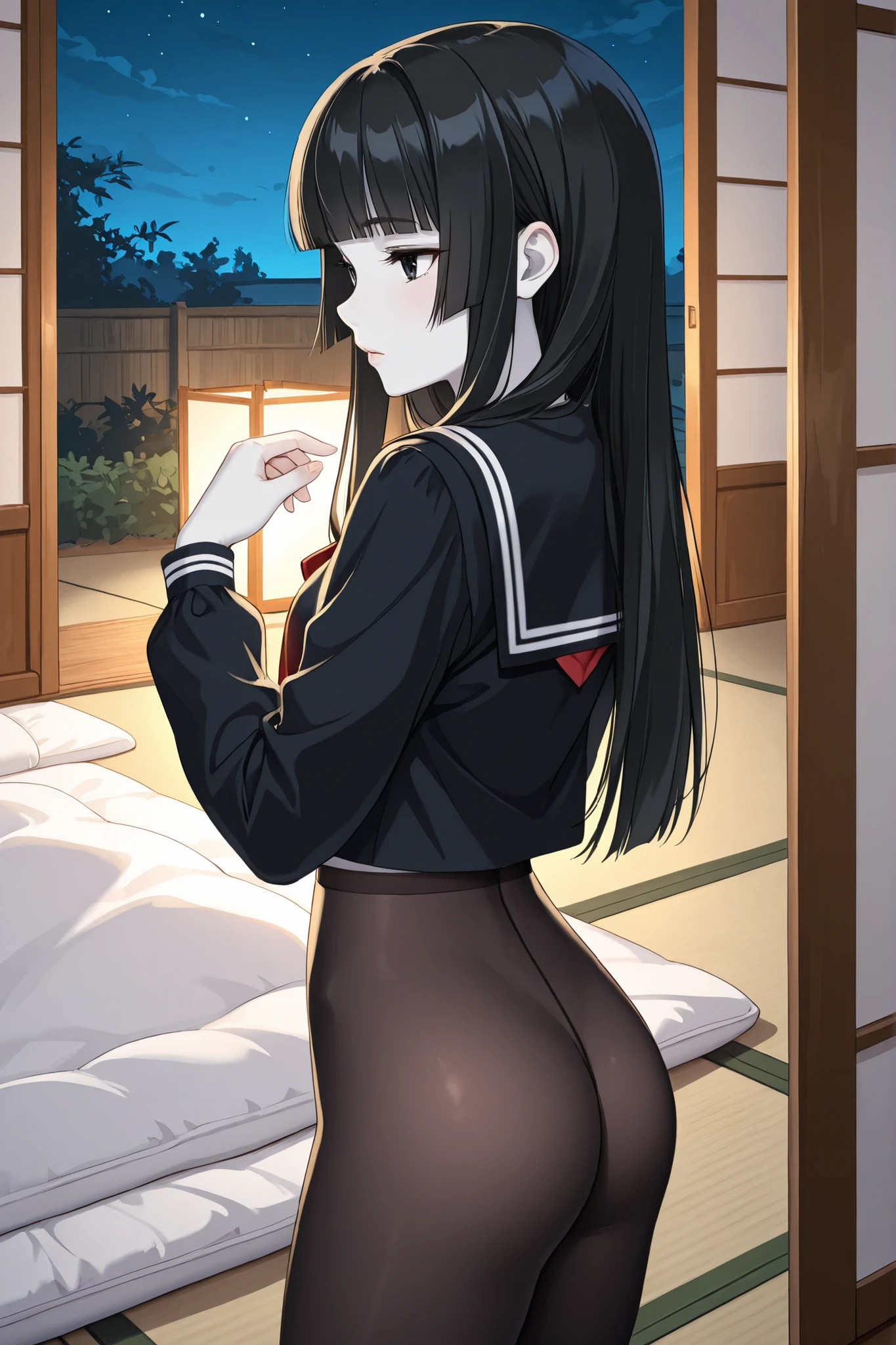 masterpiece, ultra high-quality, extremely detail 8k cg, high resolution, 1girl, kurenai yuhi, black hair, red eyes, thin body, huge breasts, big ass, firm ass, ass support, bra, highleg panties, beautiful face, indoors, from behind, cowboy shot