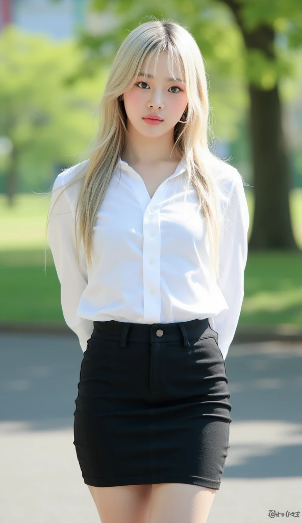 （（（European Caucasian Woman）））、（（（Mary, 18 years old）））、one person、（Thin contours、grey Eye）、（Thin contours）、（Big Breasts:1.5）、Narrow waist、（（（White and translucent skin:1.3）））、Beautiful, shiny blonde medium-long hair、8-head-tall model style、Waist-down angle、Tokyo city、Full body focus