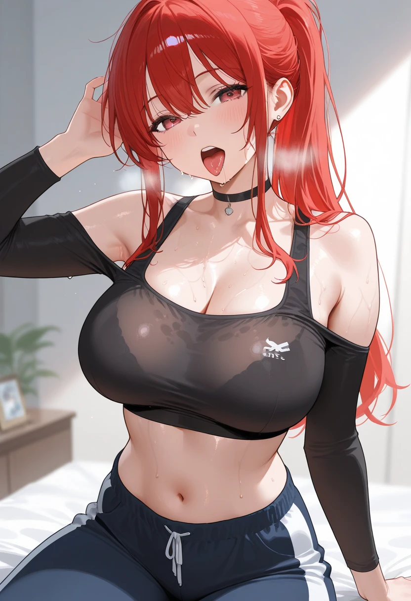 young girl, Long red hair, high ponytail, brown eye, Black sleeveless t-shirt, open belly, camouflage military pants, Katanas, Masterpiece, hiquality