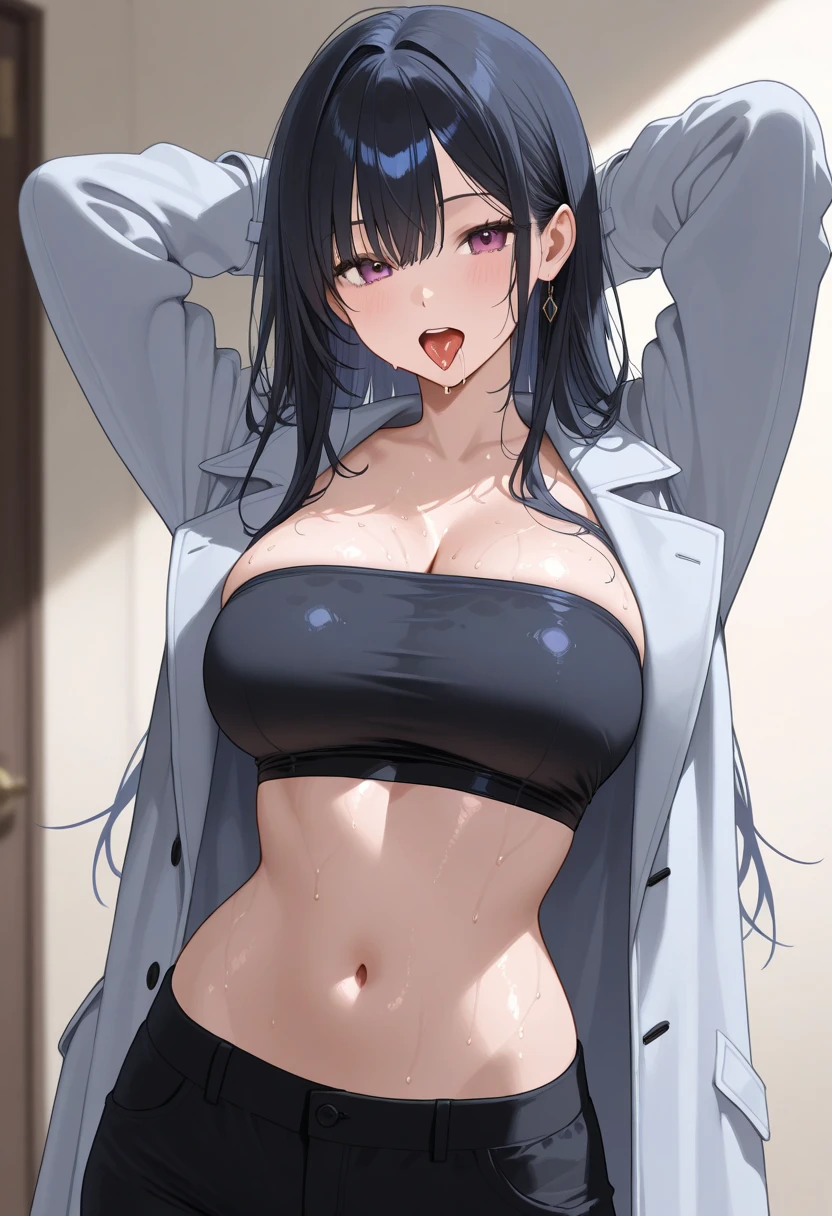 expensive body, expensive, long legs, mature female, mature, adult, It is_fire force_Tamaki, 1 girl, alone, chest, Upper body, black hair, twin tails, black bikini, swimsuit, coat, medium chest, bikini, black coat,long trousers,cleavage, looking at the viewer, open clothes, open coat, bangs, closed mouth, long hair, belly button, yellow eyes, hair between eyes, bikini top only, frown, long sleeve,open coat,cleavage,(large round breast:1.4),(toned stomach:1.2),slender,(sweat),excited,(breast close-up)