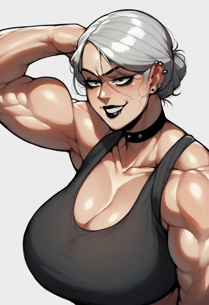 (Score_9, score_8_up, score_7_up, score_6_up), (adult, seductive face, seductive expression), female, short white hair, bangs, scar, (muscular:1.2), huge muscles, abs, big breasts, blue eyes, lipstick, eyeliner, revealing clothing, Nyantcha Style, source_anime, rating_explicit