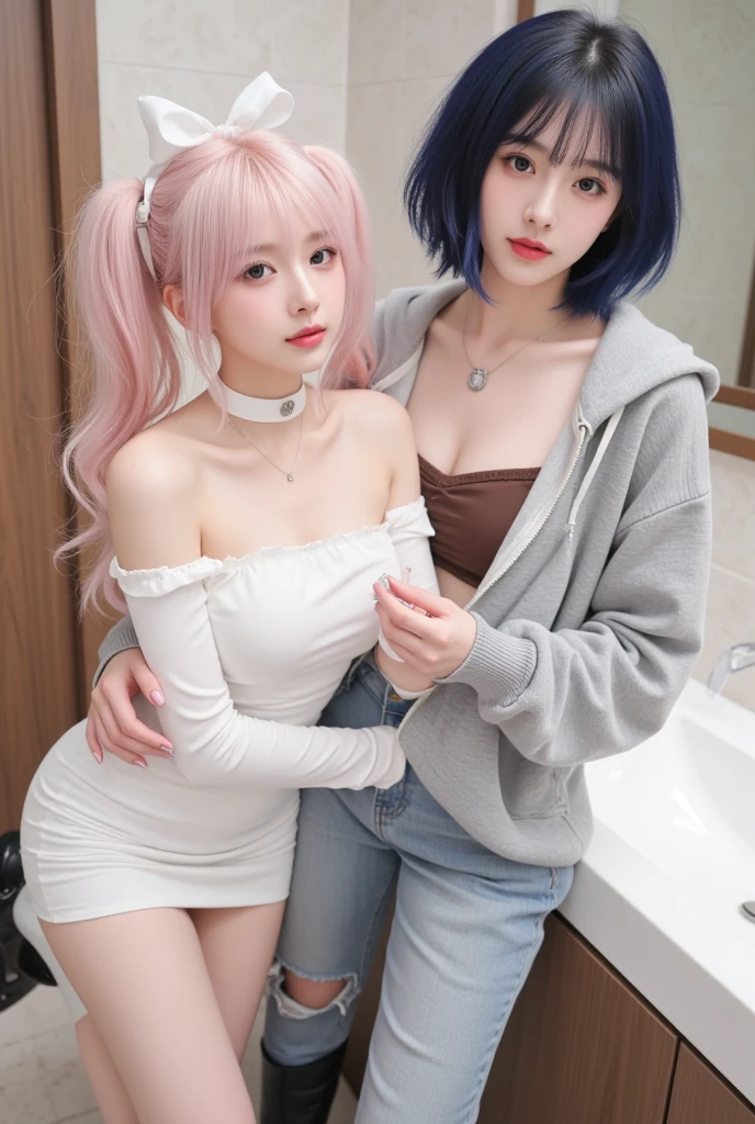 favorite, Idol, 2 By people, 2 girls, Beautiful, shining eyes, beige pink hair, blue hair, Long Hair, long pink hair, huge breasts,
