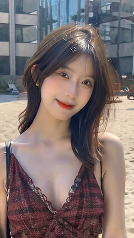 Highest quality, Realistic, In detail, High resolution, 8k wallpaper, Perfect dynamic composition, Beautiful attention to detail, Medium Hair, Too big and full breasts, Random sexy poses,Chest to chest、(bikini、Swimwear)、(Huge breasts 1.2)、(Huge breasts 、Very large breasts、Huge breasts、The biggest breasts in the world)Laughter、Open your mouth、Resort scenery、23 years old、Small face