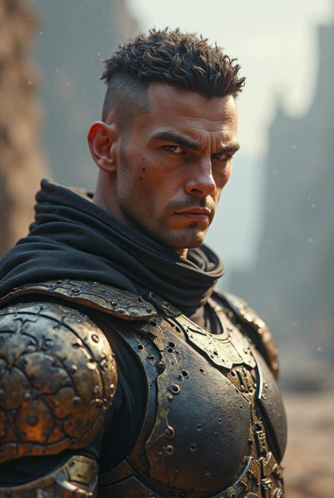 LAC34RMOR, Wearing black lace transparent mesh see through barbarian armor, See-through, Dynamic pose, Fighting stance, Close up, Portrait, medieval fantasy setting, Nature, holding weapon, exploited, Realistic, Masterpiece, Intricate details, Detailed background, Depth of field, photo of a man,buzz cut, super nudeness bulges