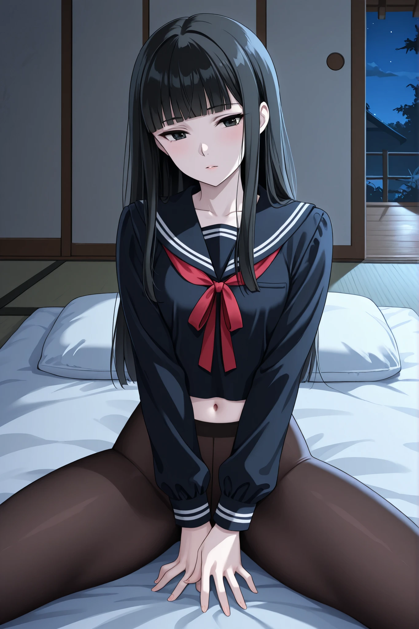 1 girl, beautiful girl,adult,18 years old,black eyes,black hair,long hair,blunt bangs,skinny,masterpiece,general,highres, ultra-detailed,very aesthetic,best quality ,best hands,best eyes,perfect anatomy,anime coloring,easynegative,anime style,white skin,black long-sleeved sailor uniform with white stripe,red ribbon,long sleeves,BREAK,(((no skirt))),(((skirtless))),(((black tights))),black underwear,tatami,futon,night,no light,whole body,spread legs,