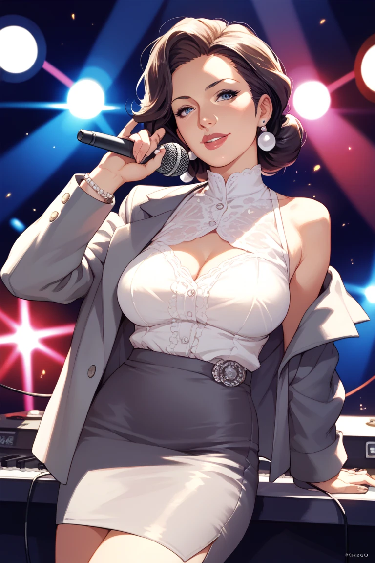 ((sultry, sexy, alluring, crime noir)), Extremely busty brunette singer, fair skin, green eyes, long sexy hair, curls, vintage style, soft face, athletic, ((gigantic breasts, cleavage)), dark blue glitter dress, pearls, jewelry, sequined sparkling dress, long dark blue gloves, tight blue dress, long dress, off-shoulder dress, strapless dress, ((sleeveless)), cleavage, vintage club, singing, stage, spotlight, (((Balsamique)))