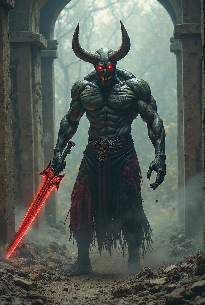 Devil With black skin colour, creepy horns and
red eyes and
glowing red and green colour combination sword in hand
He should has six pack abs
And scary smile
In moonlight with bats in sky