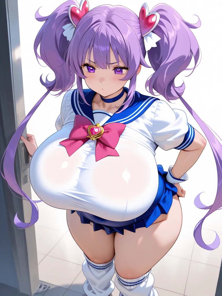 Perfect human body，1 girl，cabellos largos dorados， (very highly detailed background，浴室), 鎖骨，Sleeveless sailor suit，Bow knot，semi transparent，(White stockings)，((woman with fever)), ((perspired,Steaming,college aged))), Colossal titpression of color)), (blush blush:1.2),bath，