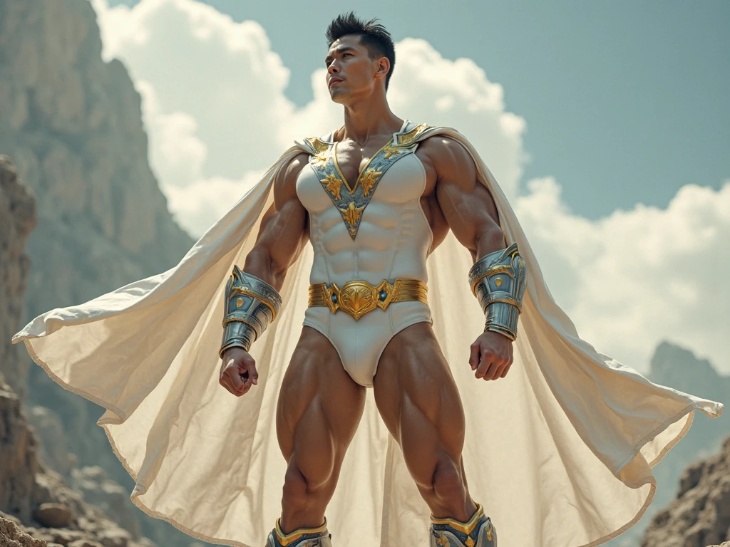 A muscular Korean man is in a wonderland, 20yo, Lleva un rico blanco como la nieve (capa de piel en hombros y espalda) con una pila muy larga, bajo el cual se ve su cuerpo extremadamente musculoso, The emphasis is on the male body. Sobre su cabeza hay un halo rodeado por una nube blanca y una luz sagrada dorada, (Its body is adorned with gold chains with precious stones, Anillos para los dedos), (A heavy belt with a band of gold underwear with sparkling gemstones). entrepierna voluptuosa. Tiene el pelo corto y negro con las sienes afeitadas y grandes ojos verdes expresivos. Un reloj marca a lo lejos. This scene looks like something out of the realm of fantasy or legend seen from above
