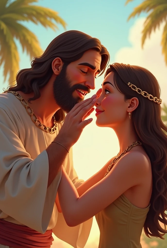 Create Disney Pixar Poster, with dark hair and dark skin, in simple white dress sitting and talking with jesus christ, Christian!!