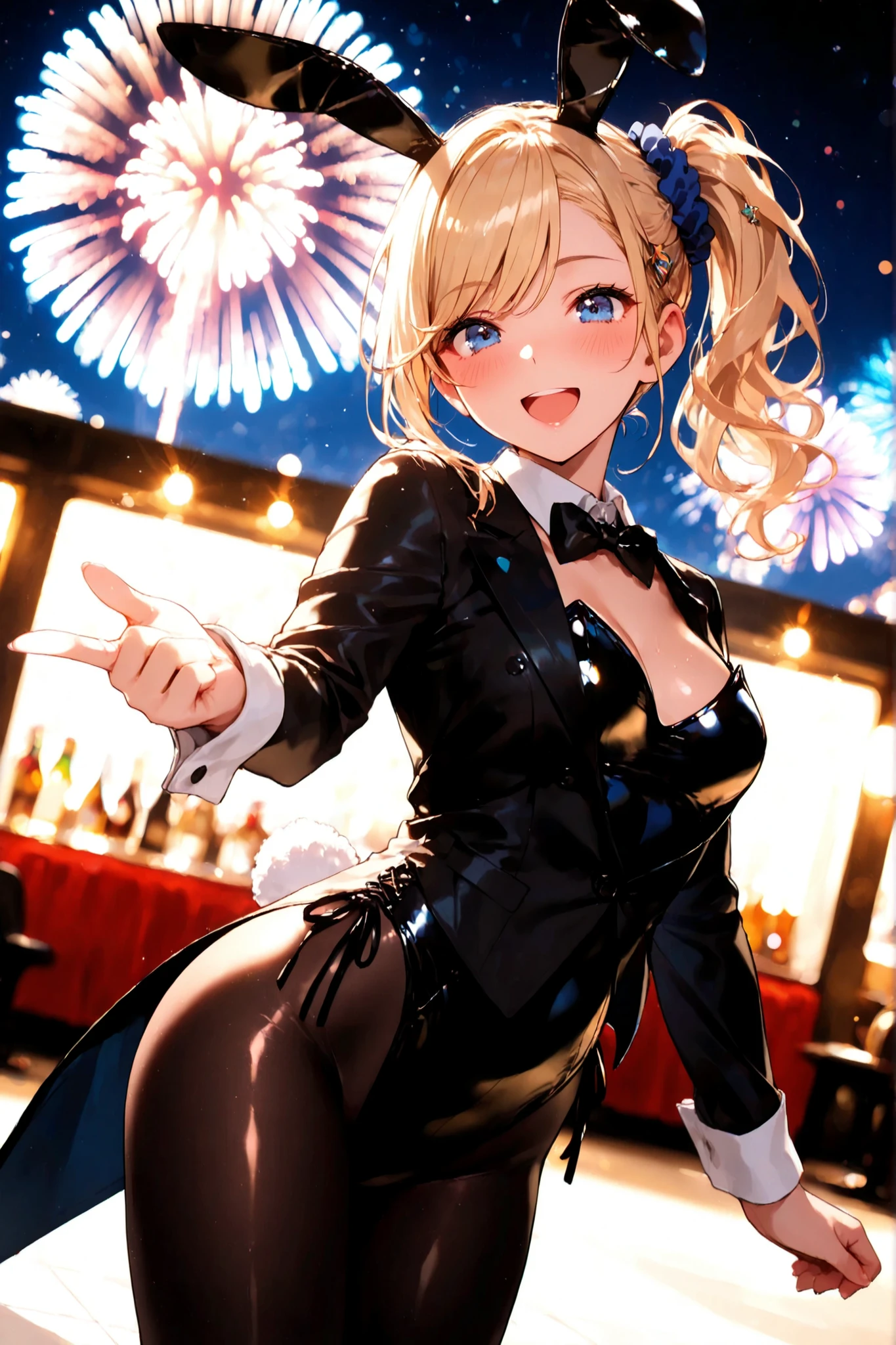 masterpiece,best quality,absurdres,beautiful pretty cute small face,1girl,shiny_skin,blonde hair,blue eyes,Side ponytail,hair scrunchie,hair ornament,blue scrunchie,Swept bangs,(black rabbit ears:1.1),playboy bunny,(bunnysuit:1.1),(tailcoat:1.3),pantyhose,reception venue,:d,beckoning,fireworks,dynamic_angle,(depth of field:1.2),chromatic_aberration,overexposure,bokeh,cinematic lighting,perfect,