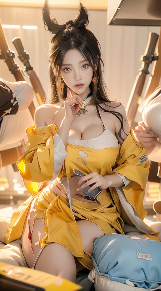 tmasterpiece, ultra fine photos, best qualtiy, 超高分辨率, realisticlying,a beauti,Raised sexy,The kinky is exposed,Good body,The yellow robe is embroidered with a pattern,,Exposing thighs,Temple,