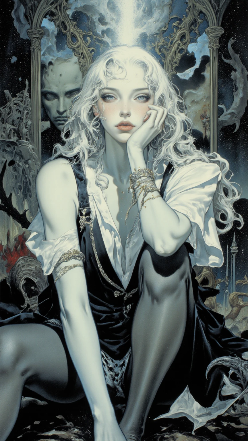 ((ultra realistic illustration:1.3)),(black clothing), Cute 18 yo (albino:1.4)woman of Slavic descent.(short:1.1), , long white hair, gray eyes, ((very pale:1.4)). Innocent look. Gentle spirit.(virgin), (joy:1.2),(smile:1.3). (Playful:1.2). Mascara, eyeglasses, red lipstick, dress, (black pantyhose), pumps. Masterpiece, (highly detailed:1.2),(detailed face and eyes:1.2), 8k wallpaper, Moody lighting. core shadows, high contrast, bokeh.
