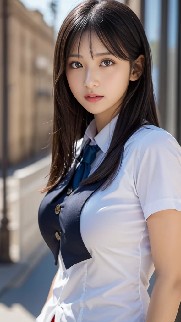 29-year-old woman wearing a 14-year-old girl's uniform and her big breasts are very noticeable but they don't come out since it is too small for her and she looks sexy