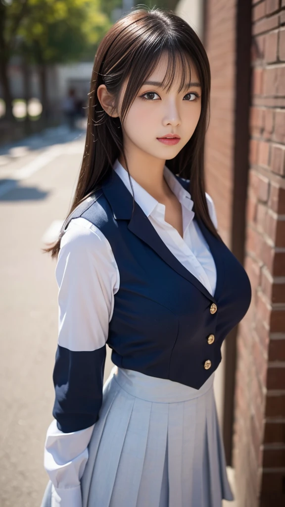 mix 4, (16K, Raw photo, best image quality, masterpiece: 1.45), (realistic, Photoreal: 1.37), one girl, cute, cityscape,, professional lighting, photon mapping, school classroom, Physically based rendering, dark brown hair,ponytail hairstyle, Beautiful well-groomed eyes、((double eyelid))、super cute girl, (((school uniform、blazer、Long-sleeved shirts worn by Japanese high school girls、ribbon tie、Navy blue super super super mini skirt,、dark blue socks、black loafers))), highest quality photos, High resolution, 1080P, (clear face), (Detailed facial description), (detailed description of hands), (masterpiece), (Detailed CG)、extreme light and shadow、messy hair、master work、Rich details、(detailed facial features)、(highest quality photos)、(Masseter muscle part)、(detailed eye)、look in front of you、thin clavicle、((slender and big))、(((Japanese high school girls wear long-sleeved shirts)))、((neat idol))、((school gate、schoolyard、School building in the background))、(Take photos from random viewpoints)、(((Anyway it&#39;s cute)))、earrings、big smile、Draw the whole body from the knees、Do not draw fine lines、(((Sports bags used by Japan schoolgirls)))、(small breasts:1.2)、small buttocks with tension、Two arms and two legs、(((from the front:0.7)))、bare hands、(((symmetrical eyes)))、standing pose、put your hands on the desk、Do not remove the tie from the jacket､