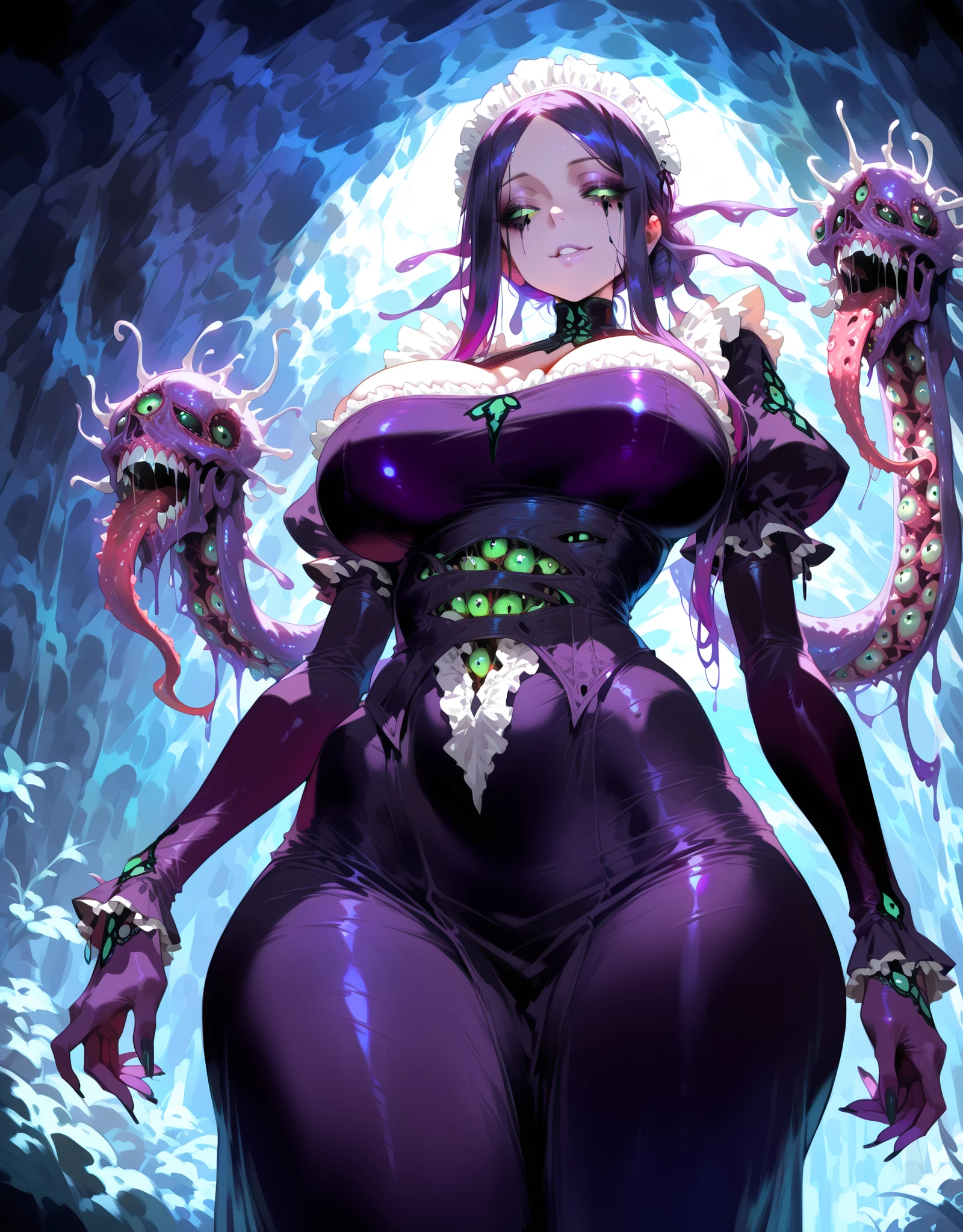 ((NSFW, , best quality, amazing quality, very aesthetic, extremely detailed, intricate details, minute details, detailed background, dramatic cinematic lighting:1.4,incredibly_absurdres, hard light:1.4, masterpiece 8k, vivid colors, rich palette, score_9, score_8_up, score_7_up), ice cave, eldritch, 1woman, eldritch look, grim, shoggoth woman \(solo, huge breasts, multiple mouths, black sclera, green eyes, ((purple skin)), parted bangs, hair bun, purple hair, shoggoth, ShoggothMGE, body horror, Lovecraftian, extra mouth, multi eyes, tentacle hair, maid, maid headdress, wide hips, neckline, naughty look, from below
