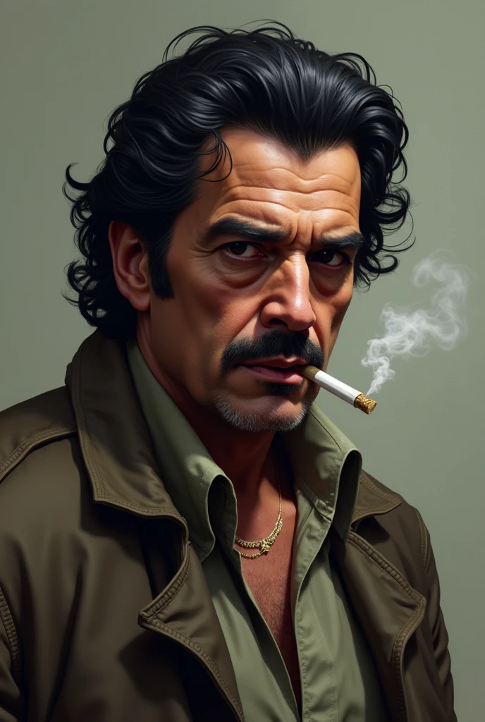 Portrait of a man with dark curly hair and a mustache, wearing a military jacket. He had a thoughtful and somewhat stern expression on his face as he held a cigarette between his fingers. The lighting and composition of the photo indicate that it is most likely a high-quality, professionally taken photograph. Bright colours, vector art.