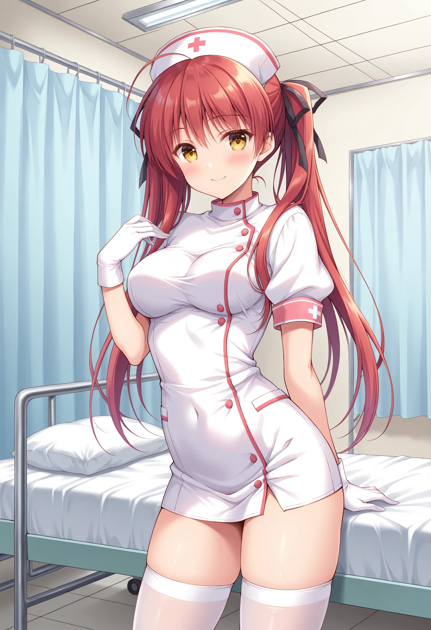 A hot anime girl with skirt up dressed like a nurse sitting legs wide open showing are pant .